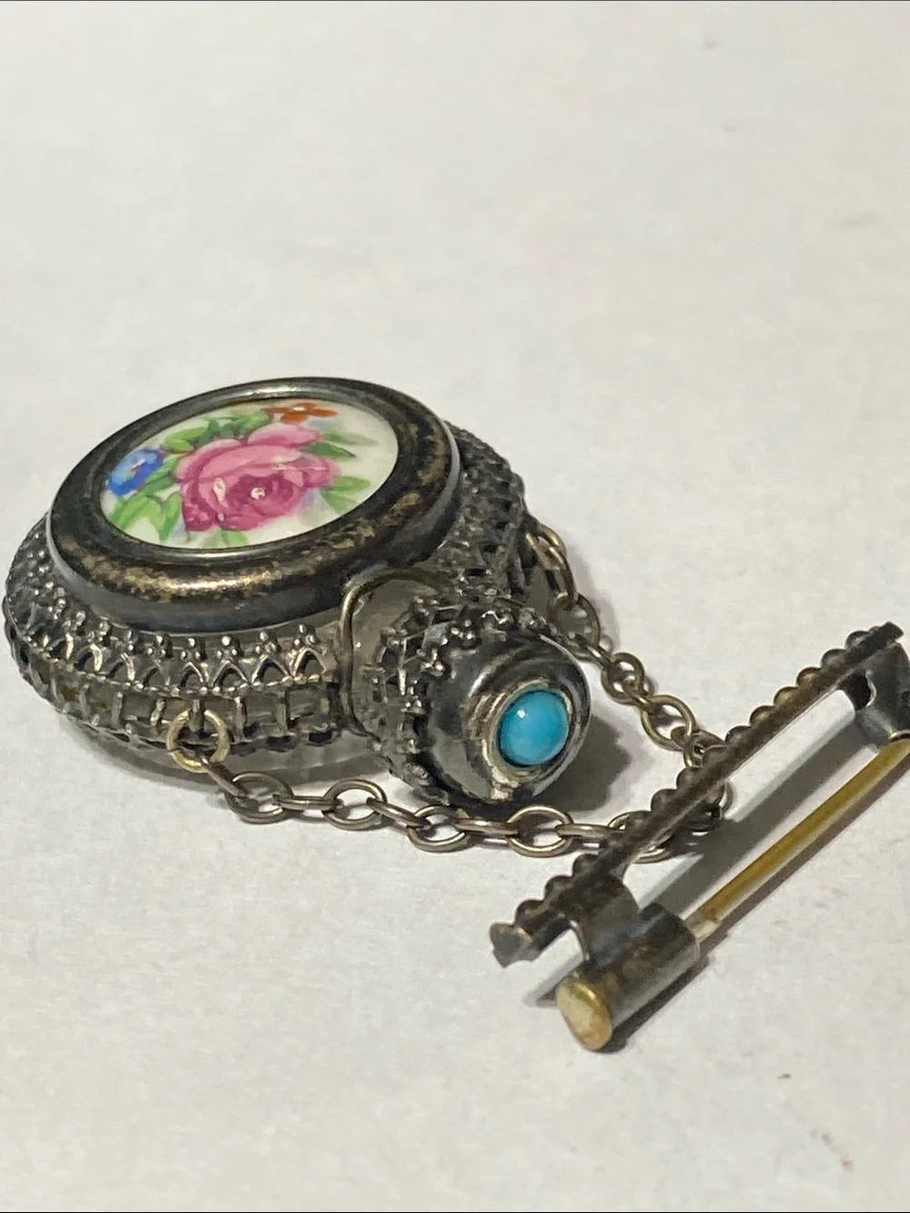 PRETTY Vintage Limoges Silver tone floral Filigree Perfume Bottle bar Pin Brooch